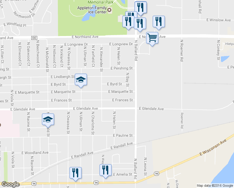 map of restaurants, bars, coffee shops, grocery stores, and more near 1805 East Marquette Street in Appleton