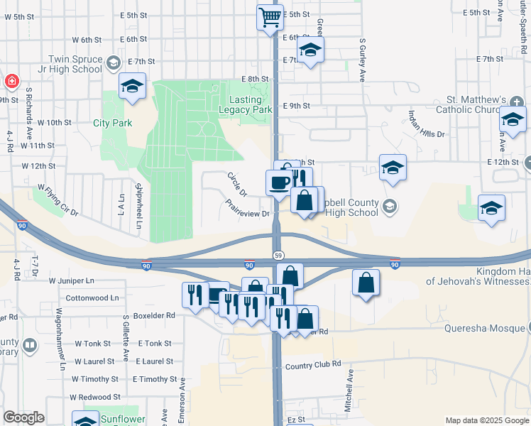 map of restaurants, bars, coffee shops, grocery stores, and more near Morningside Drive in Gillette