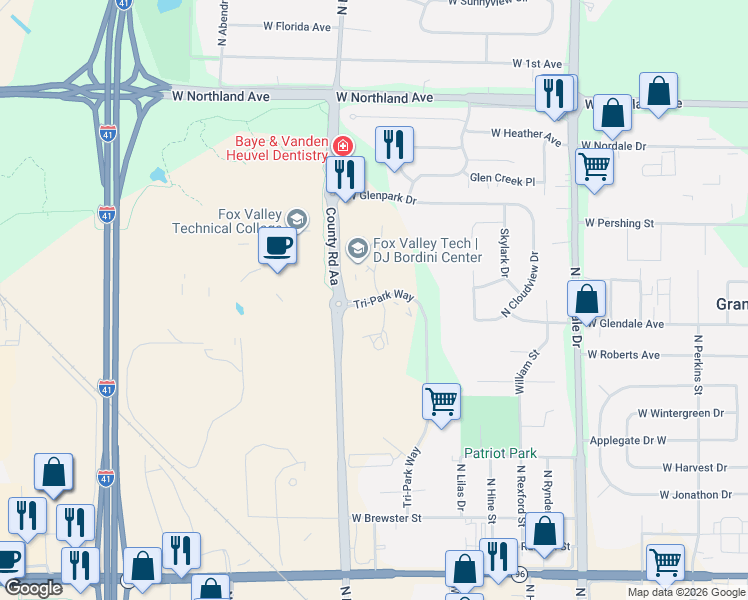 map of restaurants, bars, coffee shops, grocery stores, and more near 11 Tri-Park Way in Appleton