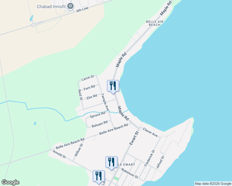 map of restaurants, bars, coffee shops, grocery stores, and more near 1273 Maple Road in Innisfil