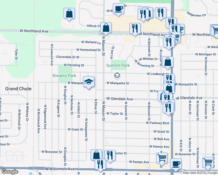 map of restaurants, bars, coffee shops, grocery stores, and more near 1224 West Frances Street in Appleton