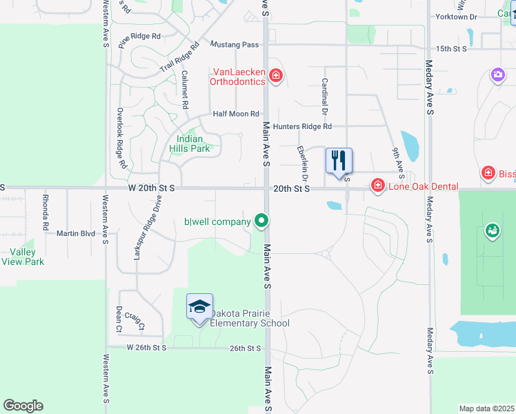 map of restaurants, bars, coffee shops, grocery stores, and more near 2020 Main Avenue South in Brookings