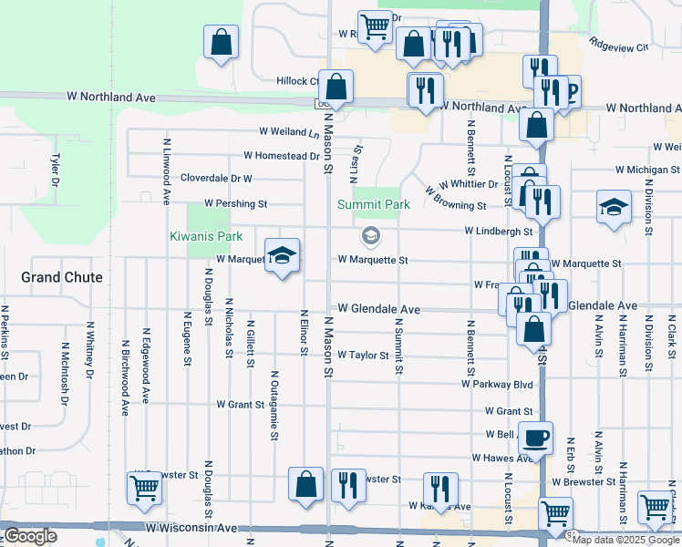 map of restaurants, bars, coffee shops, grocery stores, and more near 1224 West Frances Street in Appleton