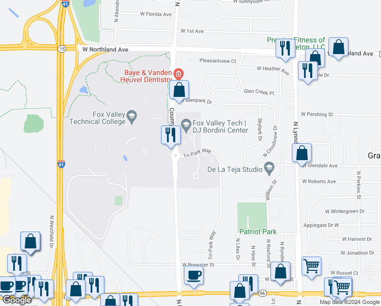 map of restaurants, bars, coffee shops, grocery stores, and more near 3133 Tri-Park Way in Appleton
