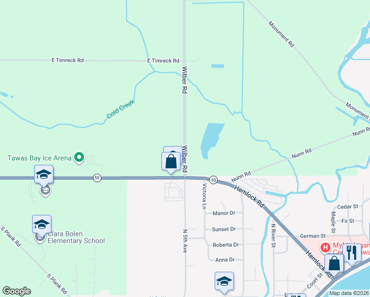 map of restaurants, bars, coffee shops, grocery stores, and more near 45 Wilber Road in Tawas City