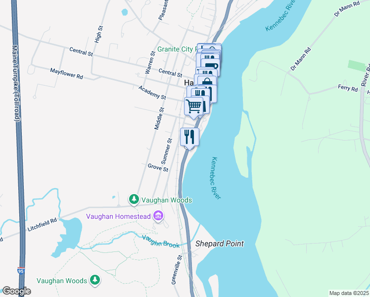 map of restaurants, bars, coffee shops, grocery stores, and more near 236 Water Street in Hallowell