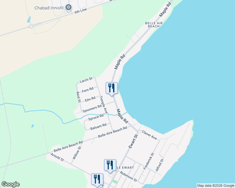 map of restaurants, bars, coffee shops, grocery stores, and more near 1270 Maple Road in Innisfil