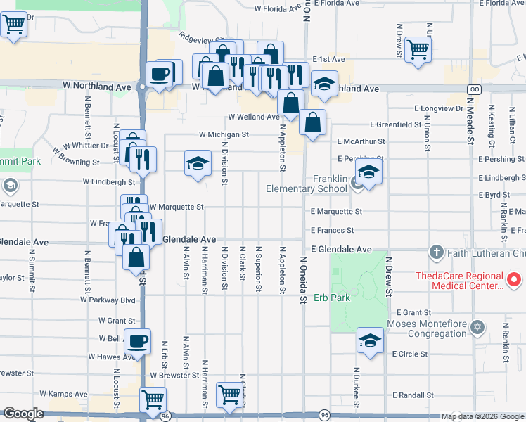 map of restaurants, bars, coffee shops, grocery stores, and more near 2112 North Superior Street in Appleton