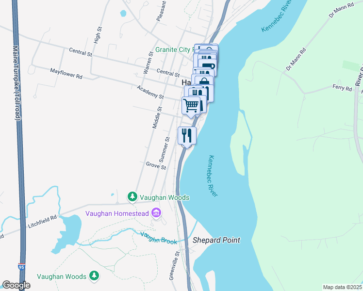 map of restaurants, bars, coffee shops, grocery stores, and more near 236 Water Street in Hallowell