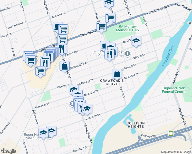 map of restaurants, bars, coffee shops, grocery stores, and more near in Peterborough