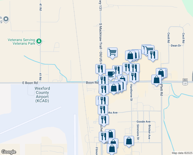map of restaurants, bars, coffee shops, grocery stores, and more near 3970 Old US Highway 131 in Cadillac
