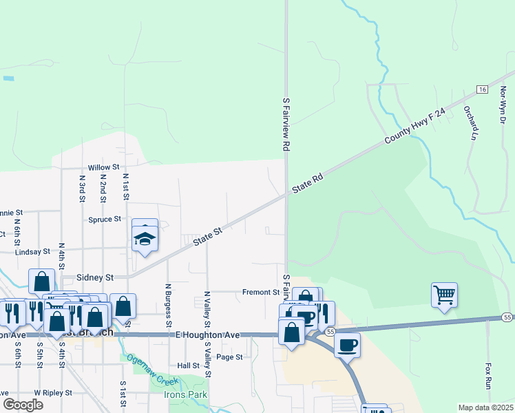 map of restaurants, bars, coffee shops, grocery stores, and more near 376 State Street in West Branch