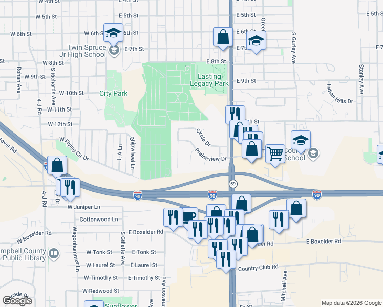 map of restaurants, bars, coffee shops, grocery stores, and more near in Gillette