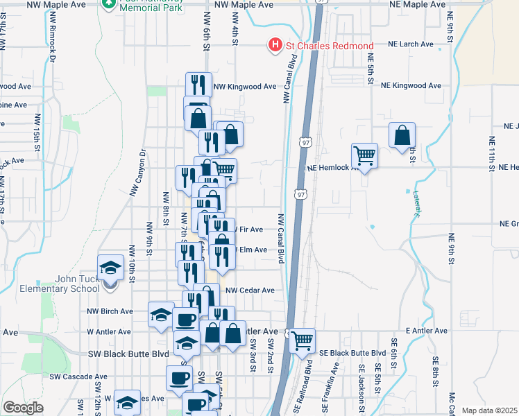 map of restaurants, bars, coffee shops, grocery stores, and more near 631 Northwest Canal Boulevard in Redmond