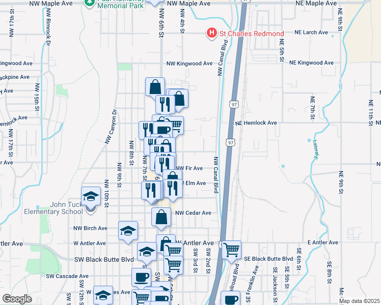 map of restaurants, bars, coffee shops, grocery stores, and more near 624 Northwest 4th Street in Redmond