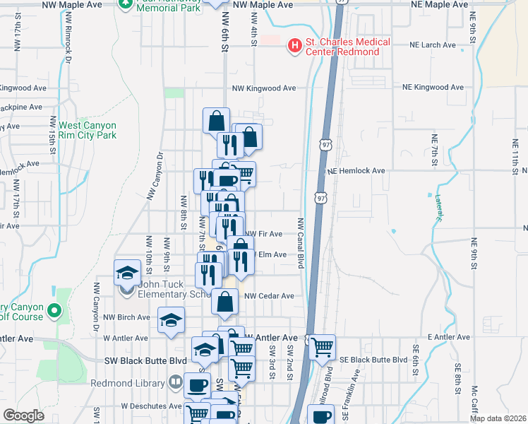 map of restaurants, bars, coffee shops, grocery stores, and more near 624 Northwest 4th Street in Redmond