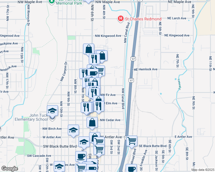 map of restaurants, bars, coffee shops, grocery stores, and more near 624 Northwest 4th Street in Redmond