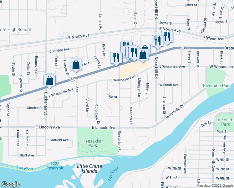 map of restaurants, bars, coffee shops, grocery stores, and more near 1737 Lyle Street in Little Chute