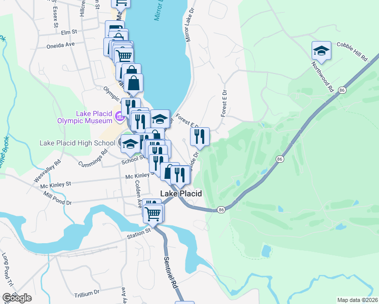 map of restaurants, bars, coffee shops, grocery stores, and more near 88 Morningside Drive in Lake Placid