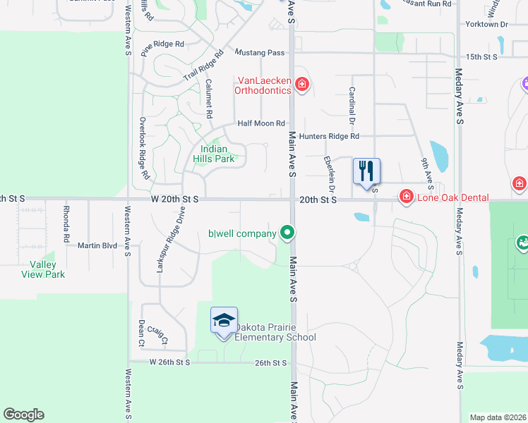 map of restaurants, bars, coffee shops, grocery stores, and more near 2020 Main Avenue South in Brookings