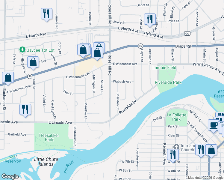 map of restaurants, bars, coffee shops, grocery stores, and more near 723 Sheridan Street in Kaukauna