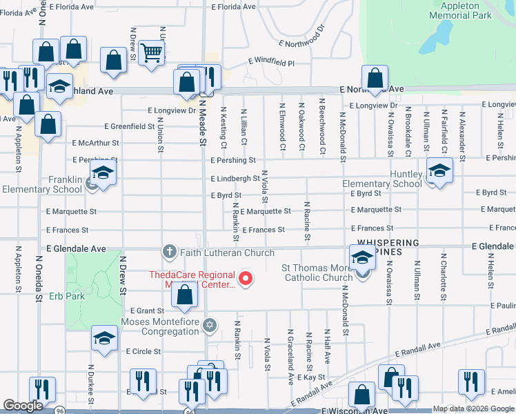 map of restaurants, bars, coffee shops, grocery stores, and more near 2119 North Viola Street in Appleton