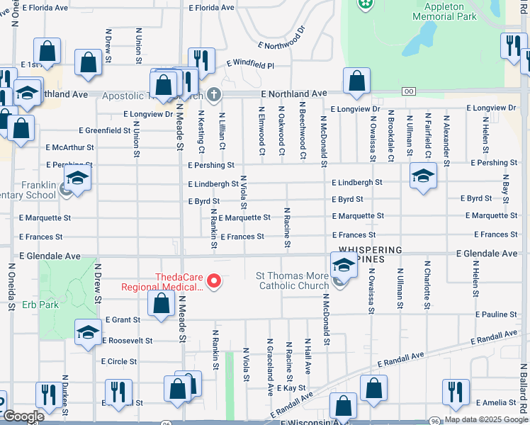 map of restaurants, bars, coffee shops, grocery stores, and more near 1006 East Marquette Street in Appleton