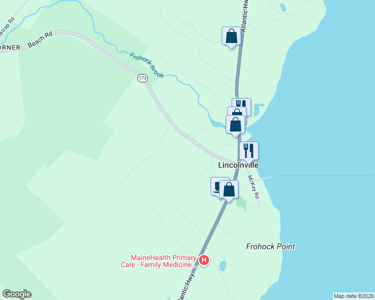 map of restaurants, bars, coffee shops, grocery stores, and more near 50 Beach Road in Lincolnville