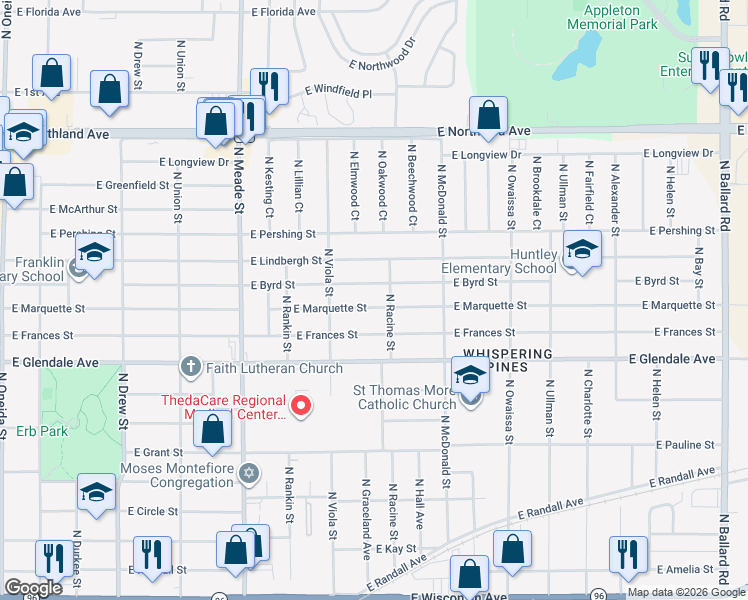 map of restaurants, bars, coffee shops, grocery stores, and more near 1007 East Marquette Street in Appleton