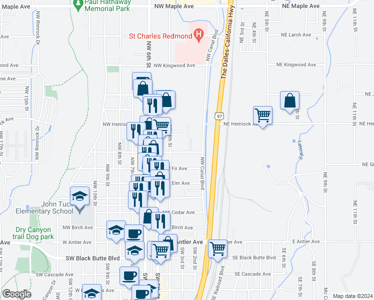 map of restaurants, bars, coffee shops, grocery stores, and more near 211 Northwest Greenwood Avenue in Redmond