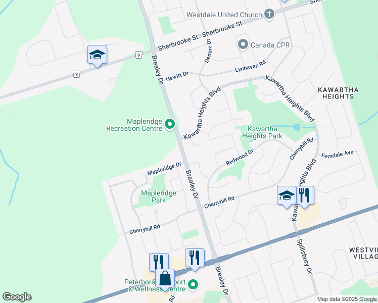 map of restaurants, bars, coffee shops, grocery stores, and more near in Peterborough