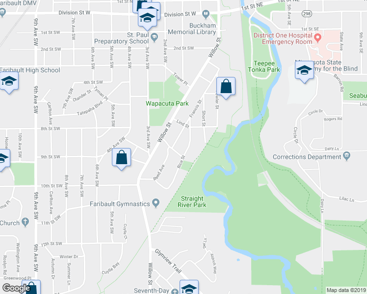 map of restaurants, bars, coffee shops, grocery stores, and more near 905 Rice Street in Faribault