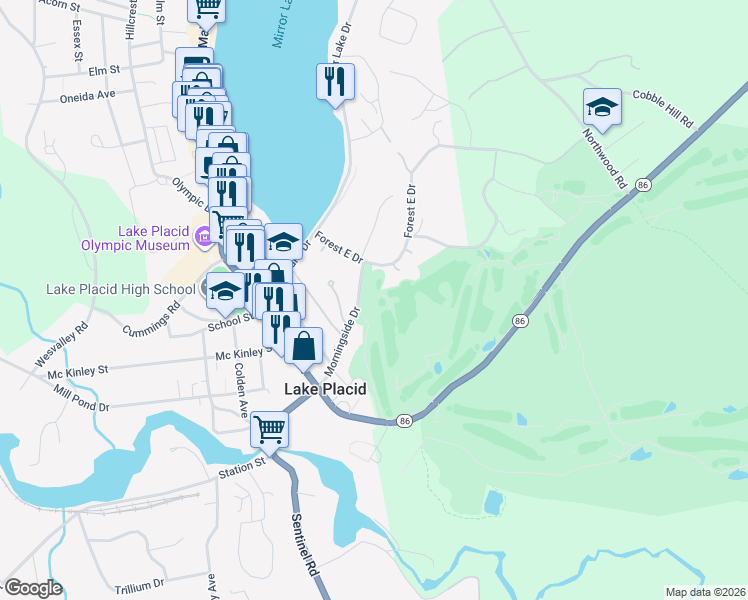 map of restaurants, bars, coffee shops, grocery stores, and more near 88 Morningside Drive in Lake Placid