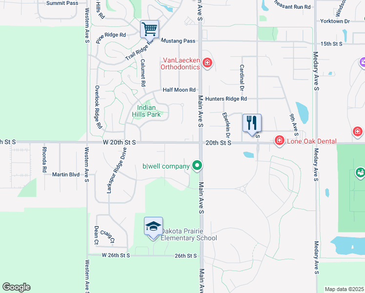 map of restaurants, bars, coffee shops, grocery stores, and more near 215 20th Street South in Brookings