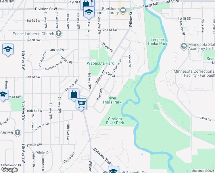 map of restaurants, bars, coffee shops, grocery stores, and more near 725 Francis Street in Faribault
