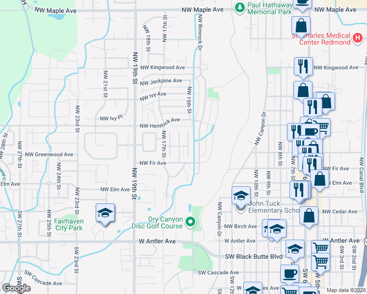 map of restaurants, bars, coffee shops, grocery stores, and more near 1515 Northwest Fir Avenue in Redmond