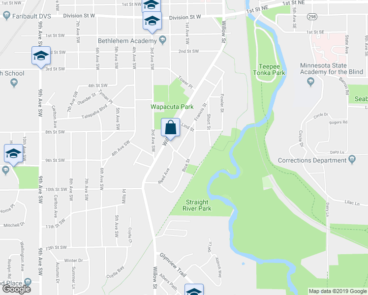 map of restaurants, bars, coffee shops, grocery stores, and more near 725 Francis Street in Faribault
