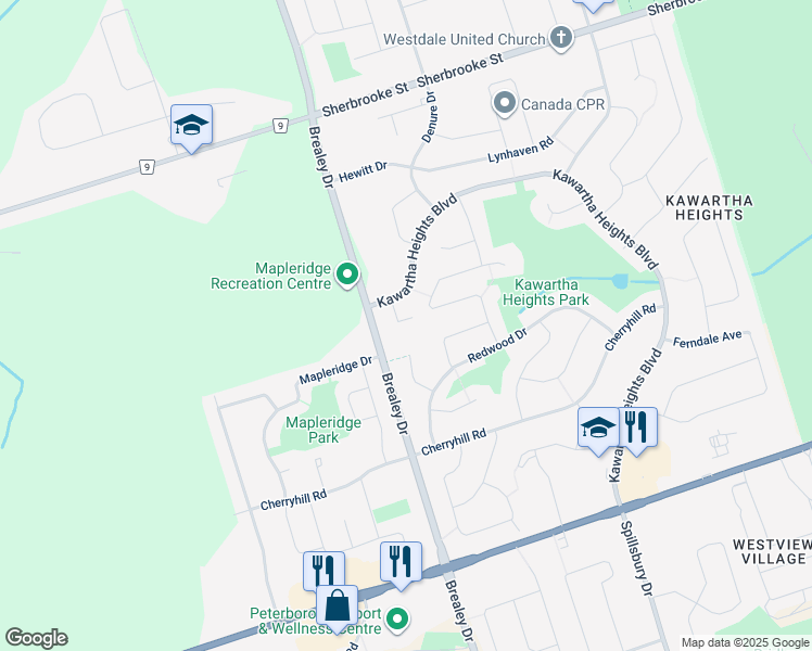 map of restaurants, bars, coffee shops, grocery stores, and more near 2385 Kawartha Heights Boulevard in Peterborough