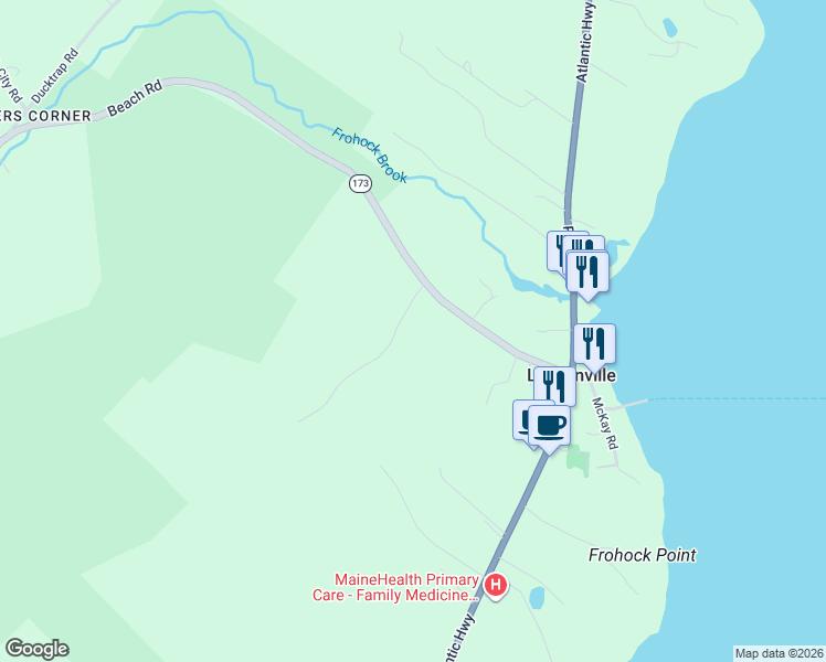 map of restaurants, bars, coffee shops, grocery stores, and more near 60 Beach Road in Lincolnville