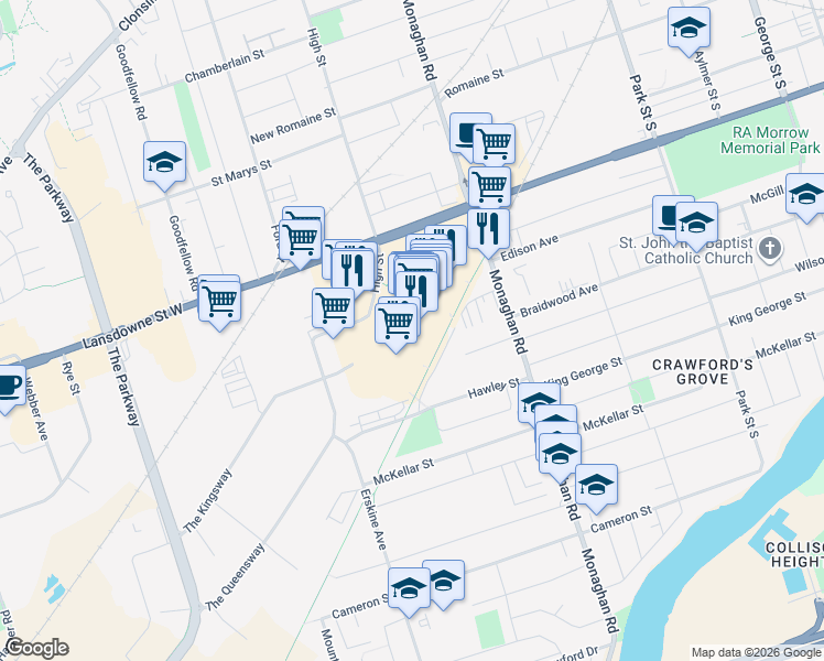 map of restaurants, bars, coffee shops, grocery stores, and more near 645 Lansdowne Street in Peterborough