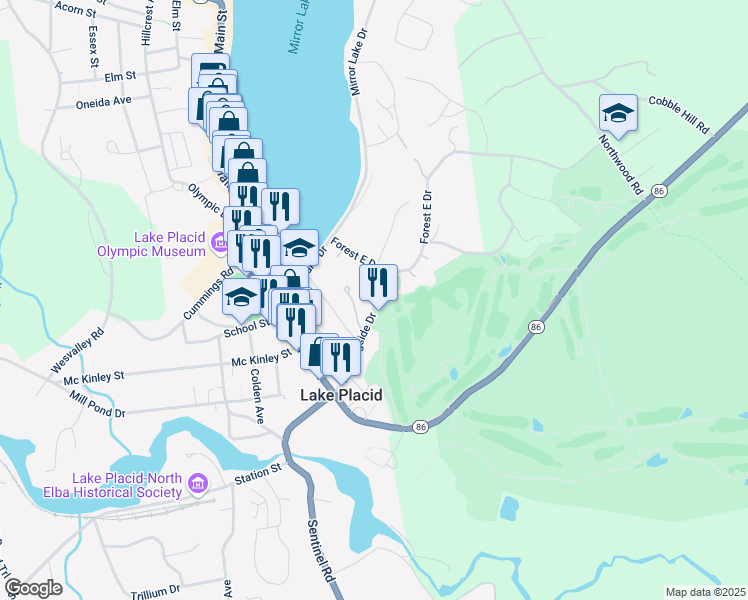 map of restaurants, bars, coffee shops, grocery stores, and more near 101 Morningside Drive in Lake Placid