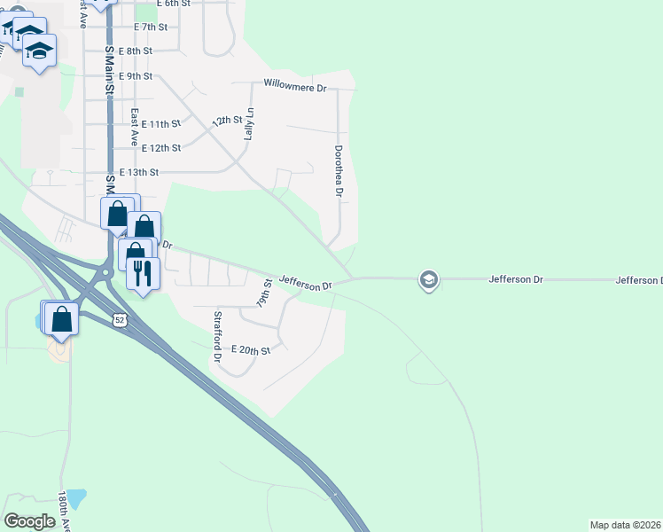 map of restaurants, bars, coffee shops, grocery stores, and more near 1456 Dorothea Drive in Zumbrota