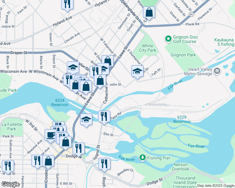 map of restaurants, bars, coffee shops, grocery stores, and more near Canal Street in Kaukauna