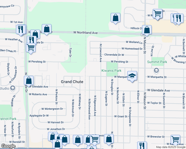 map of restaurants, bars, coffee shops, grocery stores, and more near 1834 West Marquette Street in Appleton