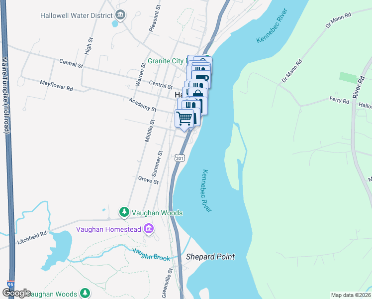 map of restaurants, bars, coffee shops, grocery stores, and more near 176 2nd Street in Hallowell