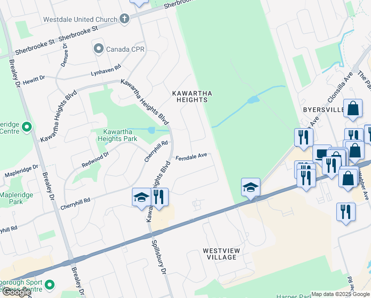 map of restaurants, bars, coffee shops, grocery stores, and more near 1 Larchwood Avenue in Peterborough
