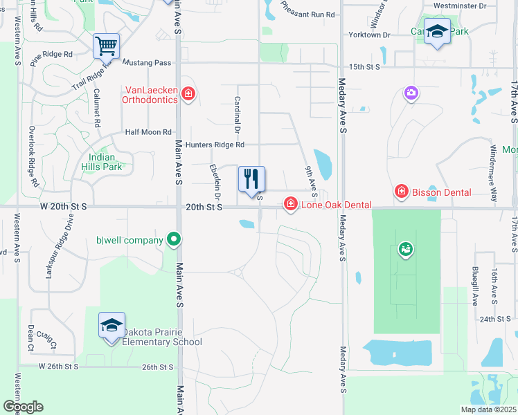 map of restaurants, bars, coffee shops, grocery stores, and more near 896 20th Street South in Brookings