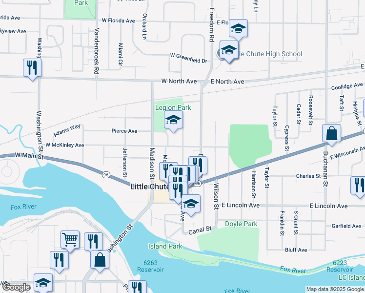 map of restaurants, bars, coffee shops, grocery stores, and more near 901 Grand Avenue in Little Chute