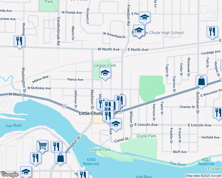 map of restaurants, bars, coffee shops, grocery stores, and more near 901 Grand Avenue in Little Chute