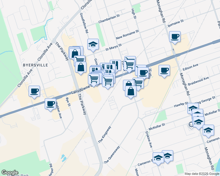 map of restaurants, bars, coffee shops, grocery stores, and more near 873 Lansdowne Street West in Peterborough